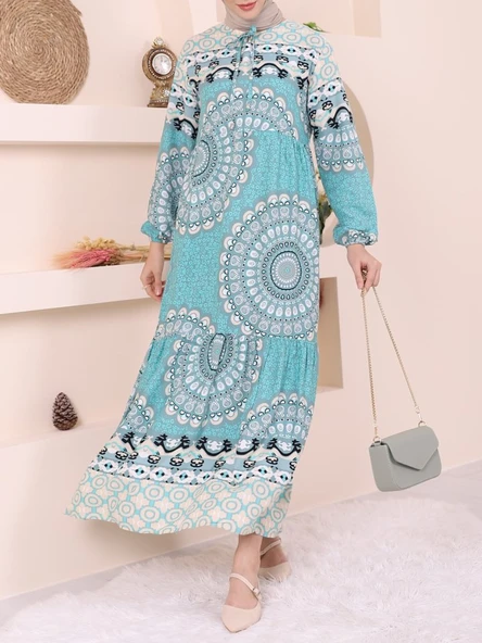 Parçalı Deseli Bağcıklı Kolu Lastikli Elbise  -Mint - Resim 3