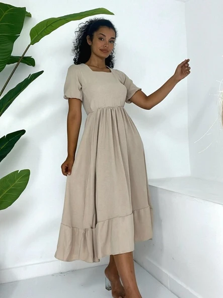 Kare Yaka Beli Lastikli Kısa Kol Ayrobin Elbise -Vizon - Resim 2