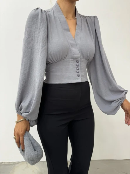 Düğmeli Arkası Lastikli Balon Kol Sandy Crop    -Gri - Resim 7