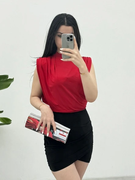 Sıfır Kol Vatkalı Sandy Bluz -Kırmızı - Resim 3