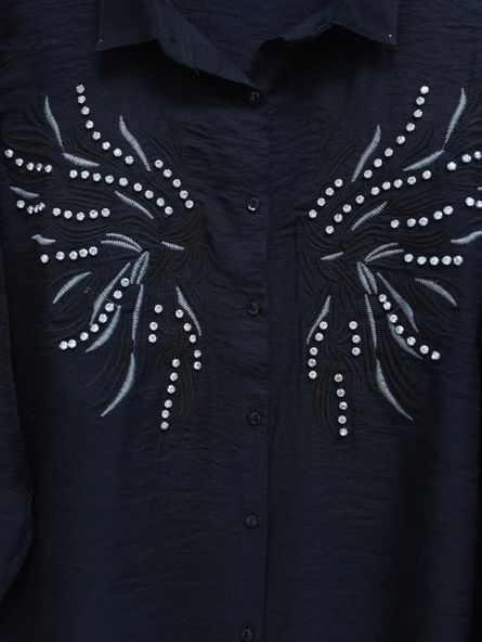 Taş Ve Nakış İşlemeli Keten Gömlek -Siyah ürün görseli 1