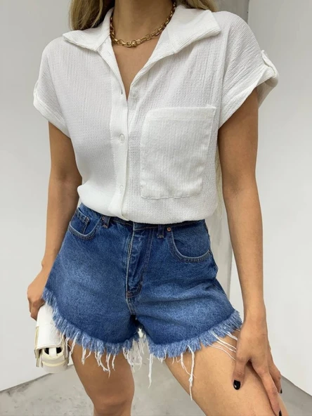 Duble Kol Tek Cepli Bürümcük Gömlek  -Beyaz - Resim 4