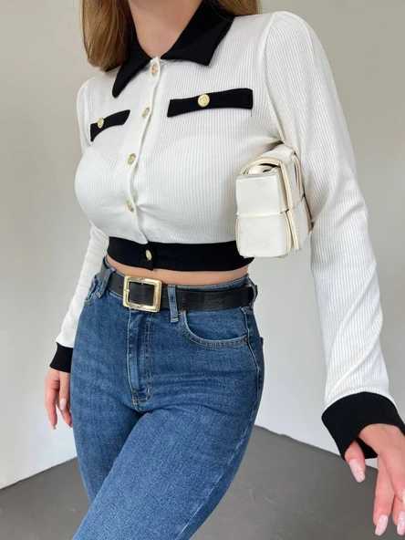 Düğmeli Cep Detaylı Crop Hırka -Beyaz ürün görseli 1