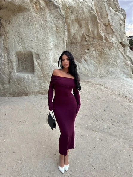 Kadın Uzun Kollu Madonna Yaka Midi Boy Elbise - Resim 2