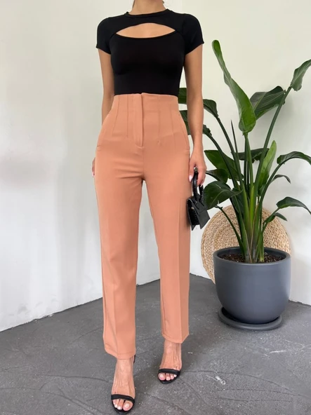 Yüksek Bel Cep Detaylı Fermuarlı Pantolon  -Tarçın ürün görseli 1