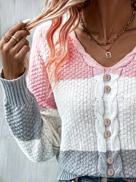 Kadın Uzun Kollu V Yakalı önden Düğmeli çok Renkli Bluz - Resim 2