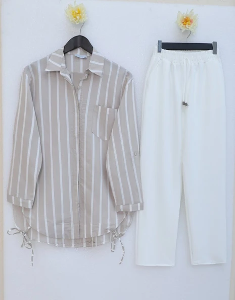 Yandan Bağlamalı Cepli Çizgili Gömlek  -Vizon ürün görseli 1