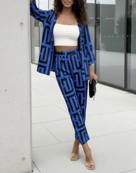 Kadın Uzun Kollu önü Açık Desenli Iki Iplik Ceket Ve Pantolon Ikili Takım ürün görseli 1