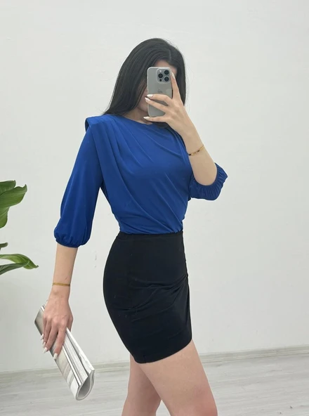 İçi Tulumlu Omuzdan Büzgülü Vatkalı Sendy Bluz -Saks - Resim 3