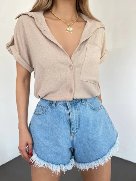 Duble Kol Tek Cepli Bürümcük Gömlek  -Bej - Resim 3