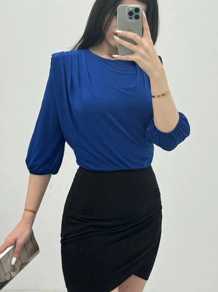 İçi Tulumlu Omuzdan Büzgülü Vatkalı Sendy Bluz -Saks ürün görseli 1