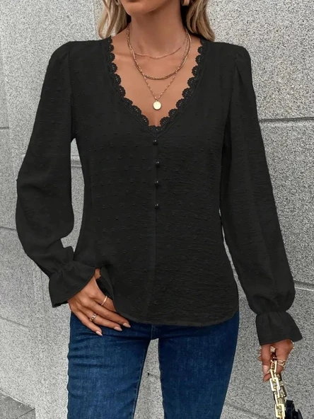 Kadın Uzun Kollu V Yakalı önden Düğmeli Bluz - Resim 3