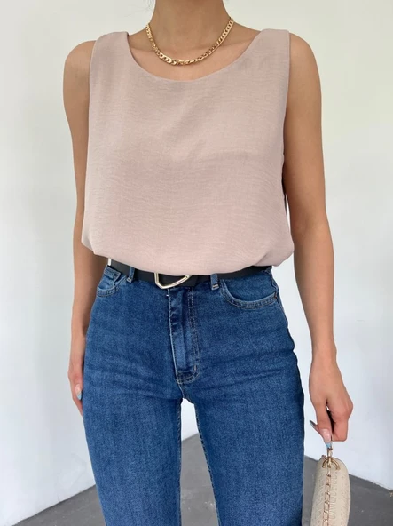 Sıfır Kollu Ayrobin Bluz  -Açık Vizon - Resim 2