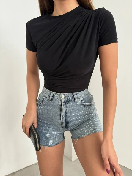 Çapraz Büzgülü Kısa Kol Sandy Bluz  -Siyah - Resim 3