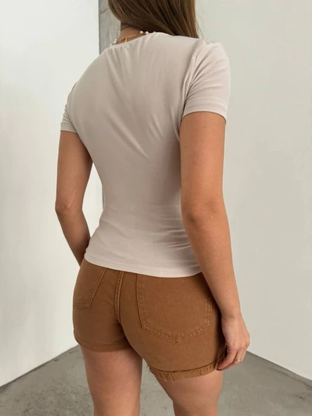 Çapraz Büzgülü Kısa Kol Sandy Bluz -Bej - Resim 4