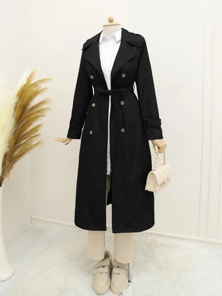 Astarlı Kemerli Trenckot -Siyah - Resim 2