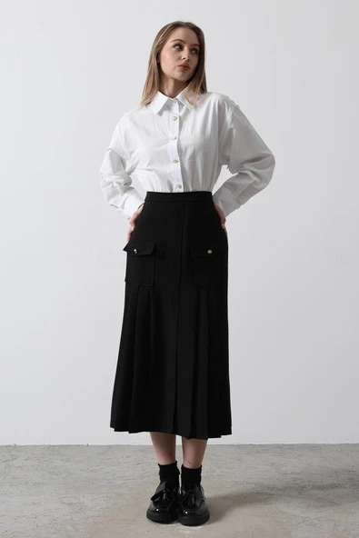 Pileli Kontrast Gömlek Elbise - Beyaz ürün görseli 1