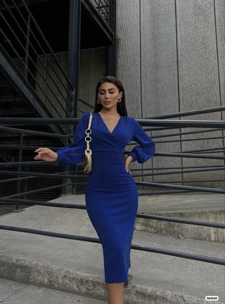 Kadın Kruvaze Yaka Balon Kol Simli Krep Kumaş Midi Boy Elbise - Resim 2