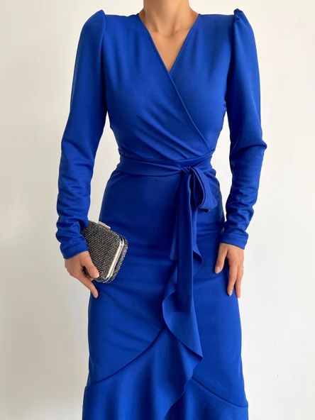 Krep Kumaş Midi Boy Kuşaklı Uzunkol Elbise - Resim 8