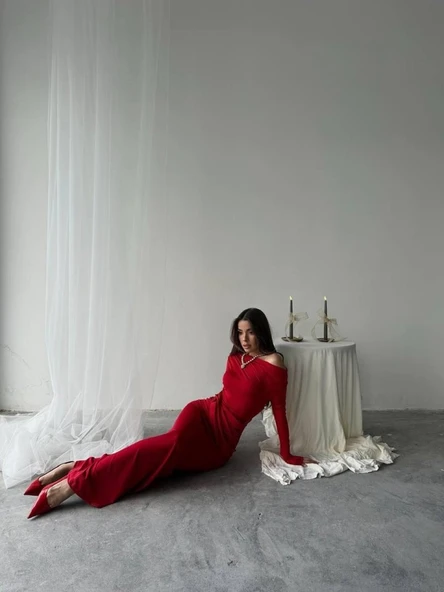 Kayık Yaka Uzun Kurdele Elbise ürün görseli 1