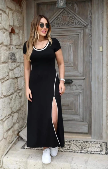 Kadın Yuvarlak Ribana Yaka Beyaz Yırtmaç Detaylı Viskon Tam Boy Elbise ürün görseli 1