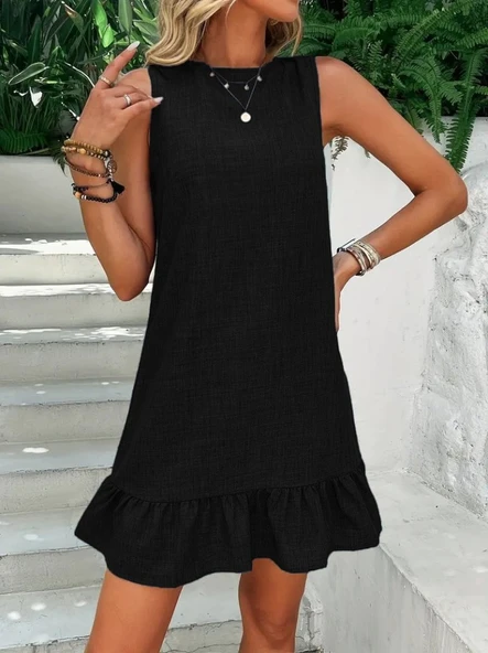 Kadın Kolsuz Bisiklet Yaka Fırfırlı Sofya Elbise - Resim 3