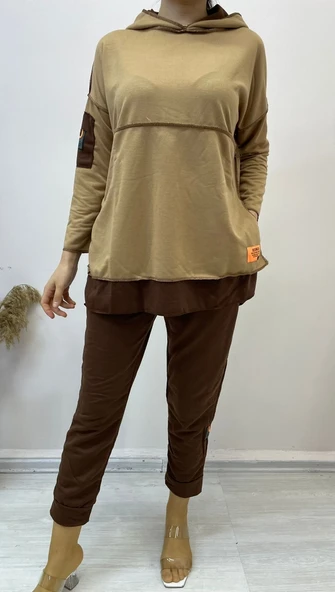 Kadın Kahve Kapşonlu Etek Ucu Detay Arma Ters Dikiş Gorunumlu Ikili Takım - Resim 4