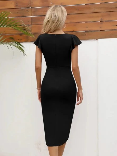 Kadın Kısa Kollu Kalp Yaka Yanlardan Büzgü Detay Midi Janjan Krep Elbise - Resim 3