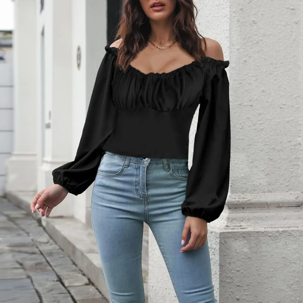 Kadın Uzun Kollu Kare Yaka Göğüs Büzgü Detay Sandy Bluz - Resim 4