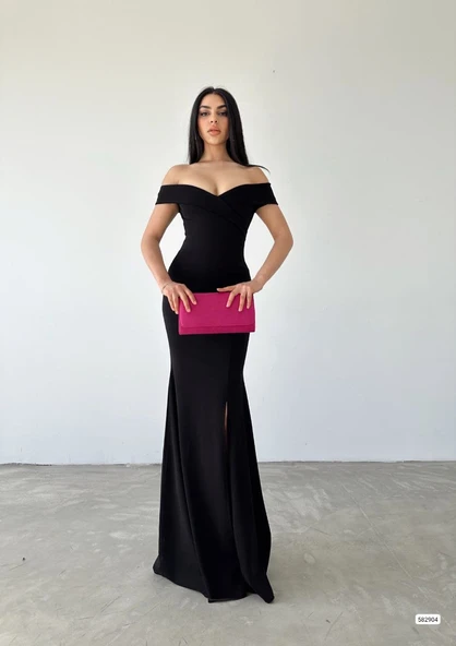 Kadın Dalgıç Kumaş Kayık Yaka Ve Dekolte Detaylı Elbise - Resim 3