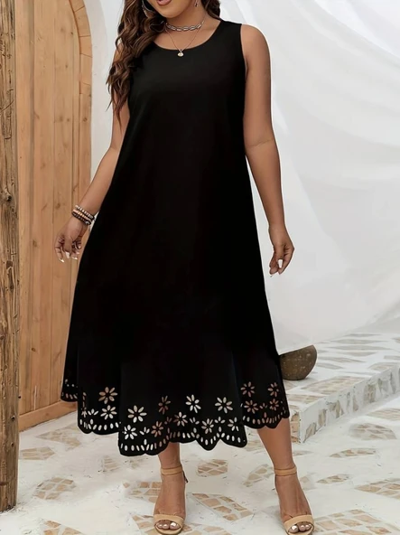 Kadın Kolsuz Etek Ucu Lazer Kesim çiçek Desenli Midi Boy Janjan Krep Elbise - Resim 8