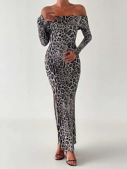 Kadın Madonna Yaka Dalgıç Kumaş Leopar Desen Maxi Boy Derin Yırtmaçlı Elbise - Resim 7