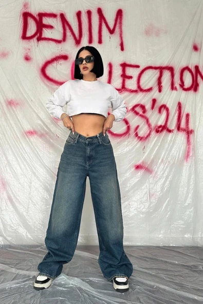 Lacivert Geniş Paça Jeans Pantolon ürün görseli 1