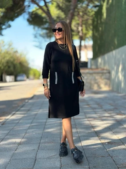 Kadın Viskon Pamuklu Kumaş Kol File , şerit Ve Cep Detaylı Elbise ürün görseli 1