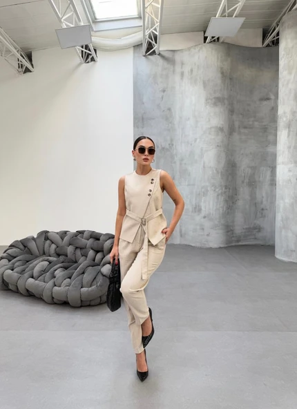 Ti̇na Asi̇metri̇k Keten Yelek Pantolon Takim - Resim 2