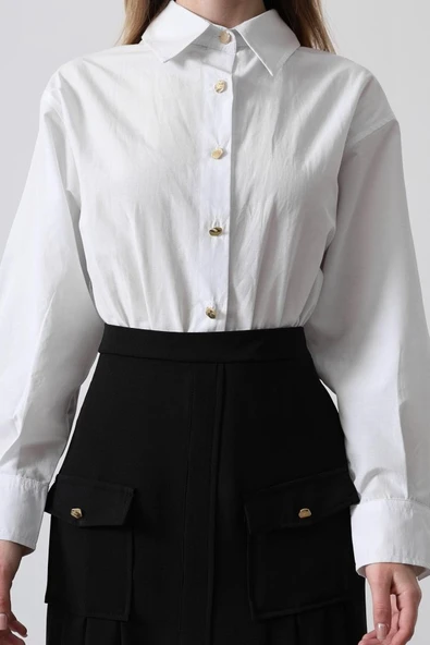 Pileli Kontrast Gömlek Elbise - Beyaz - Resim 2