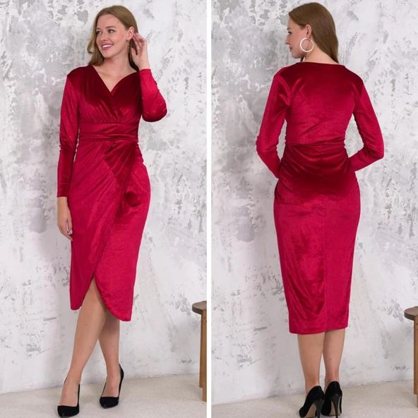 Kadın Kadife Kumaş V Yaka Uzun Kollu Midi Boy Elbise ürün görseli 1