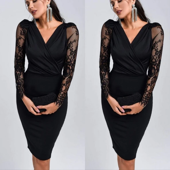 Kadın Uzun Kollu Kruvaze Yaka Kollar Tül Detay Krep Mini Boy Elbise - Resim 2