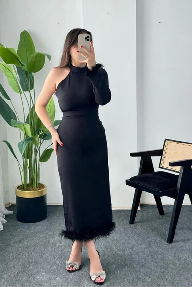 Siyah Eteği Tüllü Tek Kol Elbise ürün görseli 1