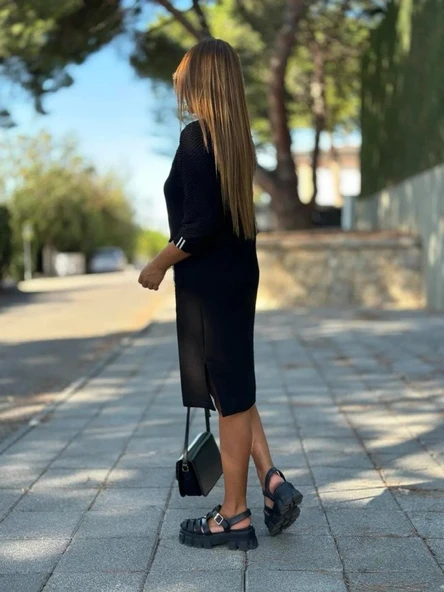 Kadın Viskon Pamuklu Kumaş Kol File , şerit Ve Cep Detaylı Elbise - Resim 5