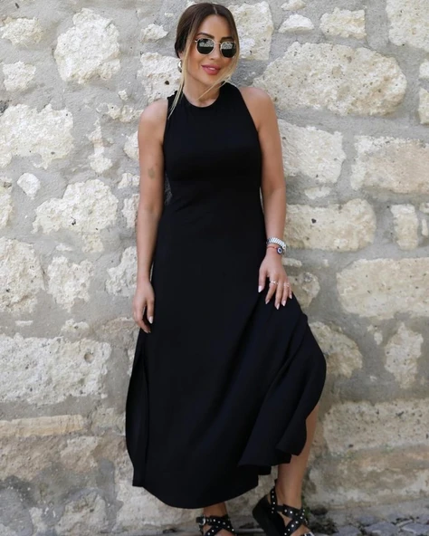 Kadın Arkadan çapraz Detay Yuvarlak Yaka Maksi Viskon Elbise - Resim 2