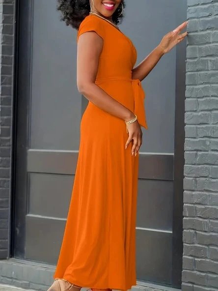 Kadın Kısa Kollu V Yakalı Belden Kuşaklı Maksi Boy Viskon Elbise - Resim 4