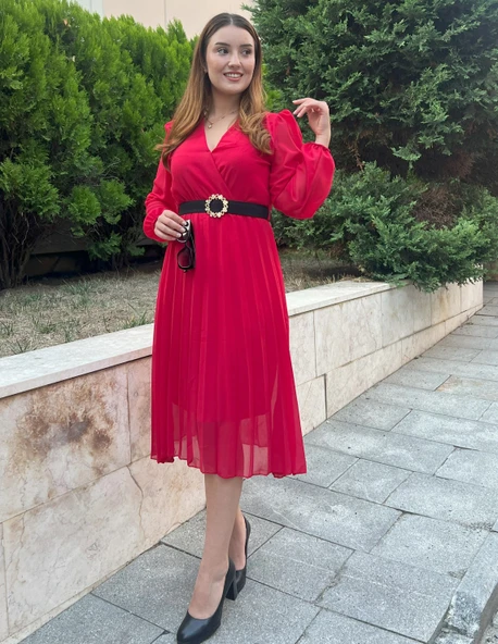 Kadın şifon Kumaş Astalı Kloş Kesim Kruvaze Yaka Midi Boy Elbise ürün görseli 1