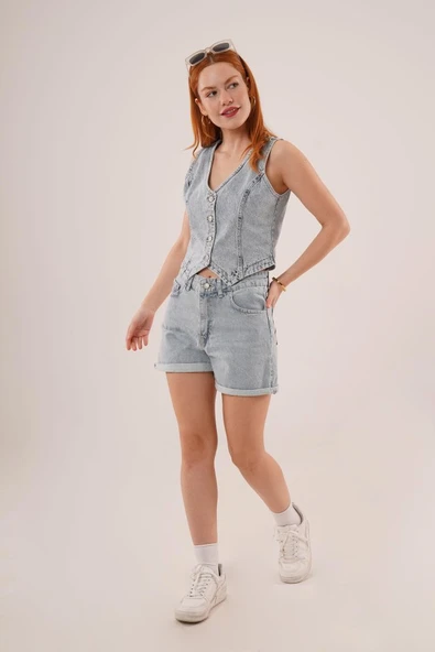 Düğme Ve Ön Dikiş Detaylı Mavi Jean Yelek - Resim 4