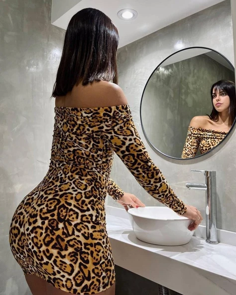 Kadın Madonna Mendil Yaka Leopar Desen Mini Elbise - Resim 5