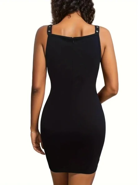 Kadın Askılı Derin V Yakalı Kuş Gözü Detaylı Janjan Krep Elbise - Resim 2