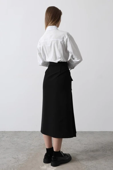 Pileli Kontrast Gömlek Elbise - Beyaz - Resim 3