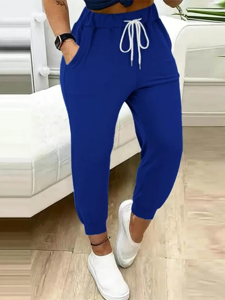 Kadın Yüksek Bel Cepli Belden Bağcıklı Iki Iplik Eşofman - Resim 3