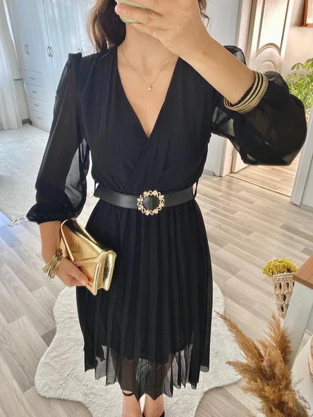 Kadın şifon Kumaş Astalı Kloş Kesim Kruvaze Yaka Midi Boy Elbise - Resim 7