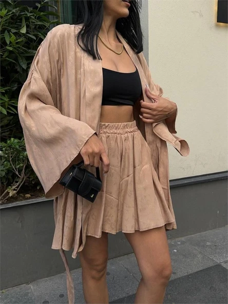 JAKARLI KİMONO - ŞORT TAKIM - Bej ürün görseli 1